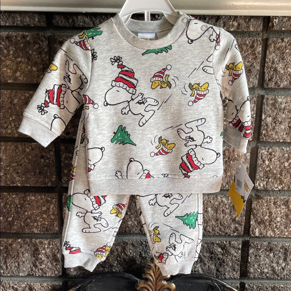Peanuts Gray Snoopy and Woodstock Baby Outfit Sz 3/6M Christmas Holiday NEW